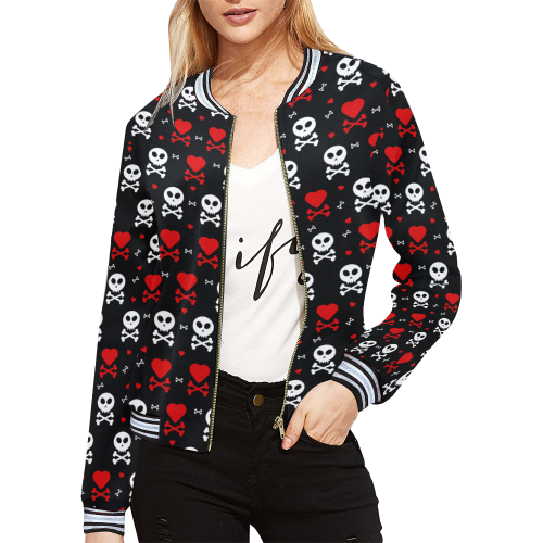 Skull and Crossbones All Over Print Bomber Jacket for Women (Model H21)