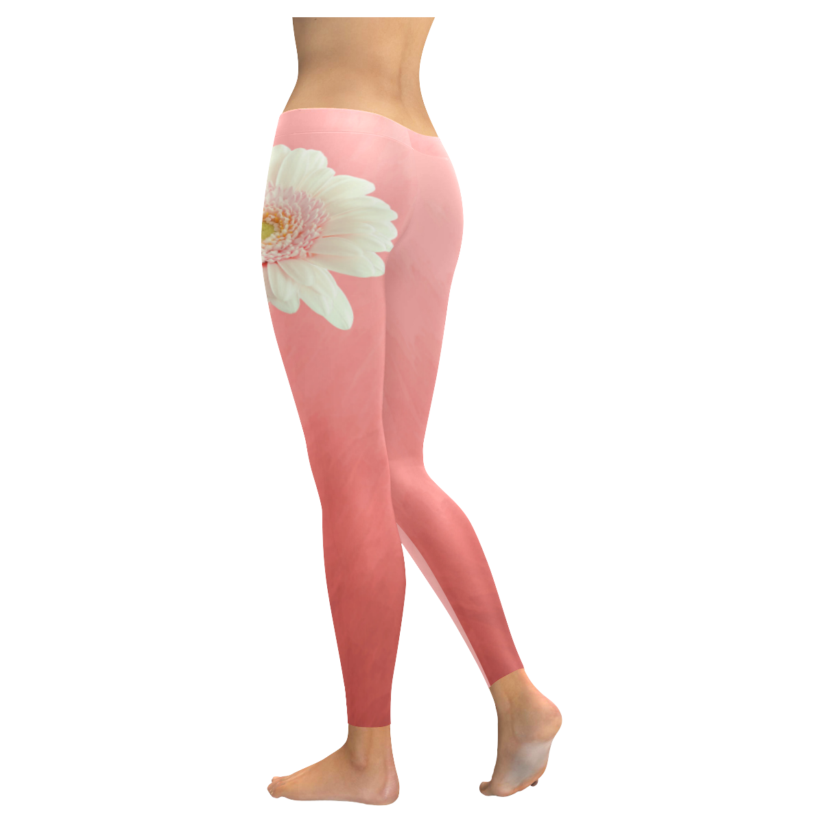 Gerbera Daisy - White Flower on Coral Pink Women's Low Rise Leggings (Invisible Stitch) (Model L05)