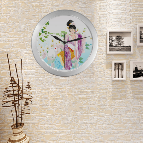 Japanese_Girl-springtime.wallclock Silver Color Wall Clock