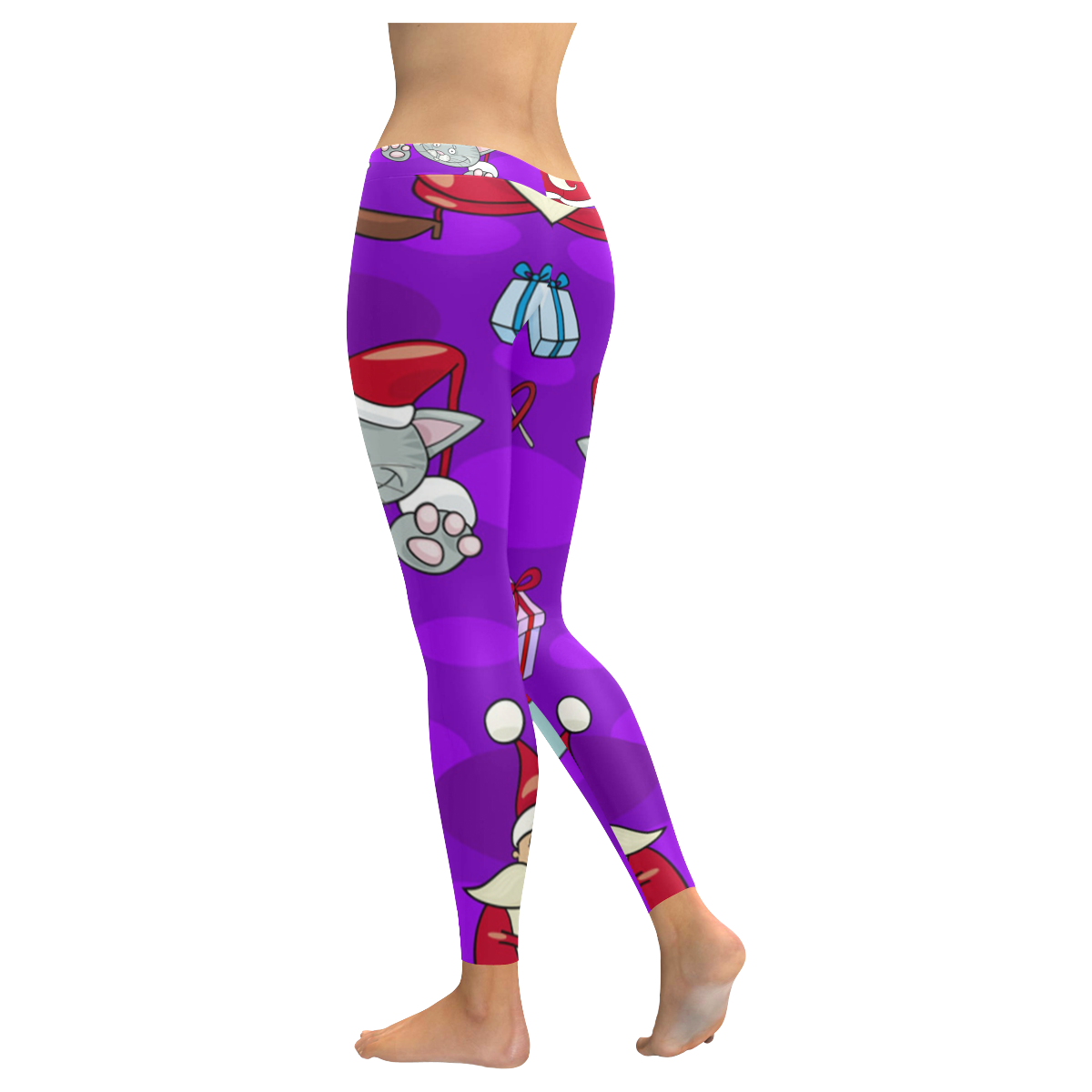 Sking Santa And Kitty Pattern Women's Low Rise Leggings (Invisible Stitch) (Model L05)
