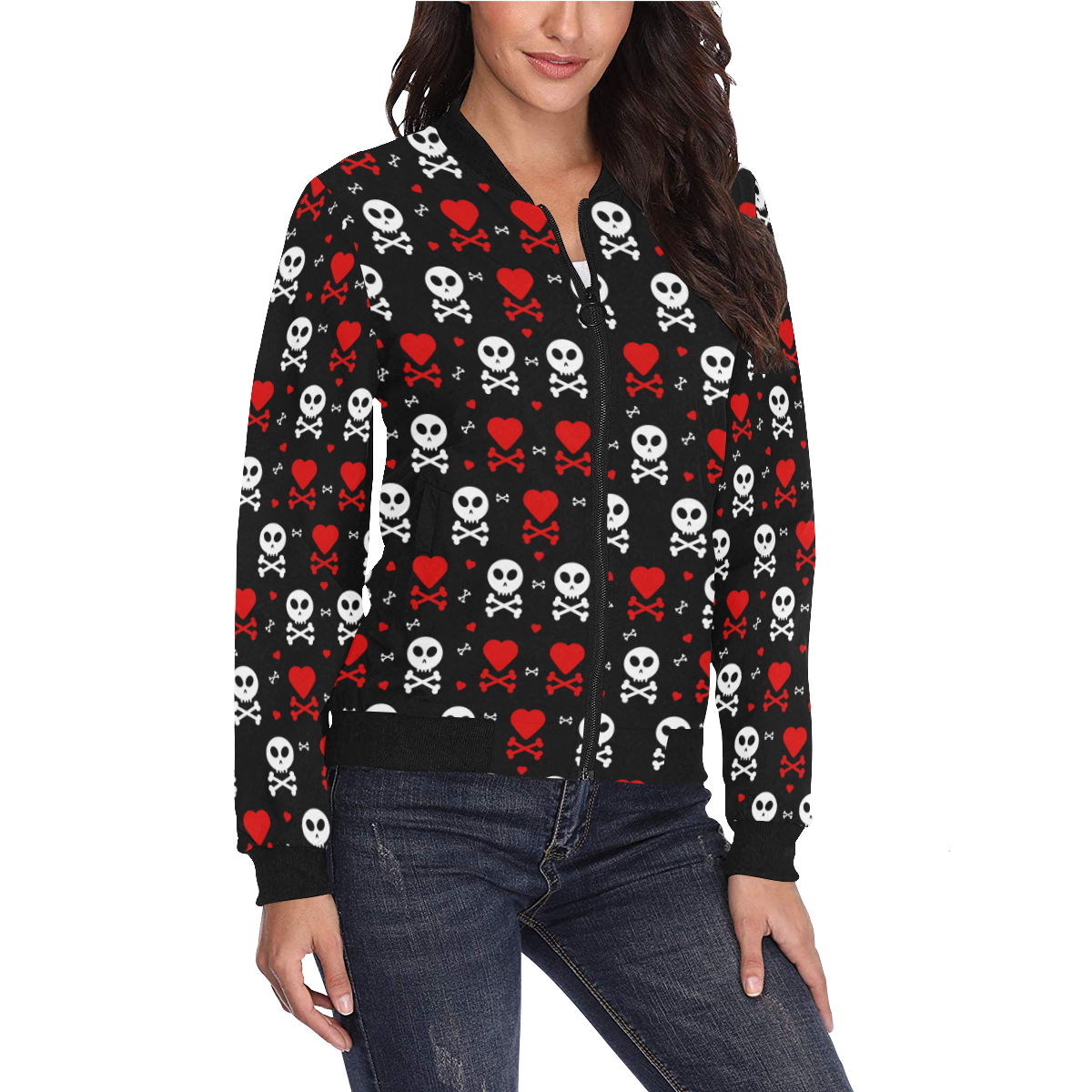 Skull and Crossbones All Over Print Bomber Jacket for Women (Model H36)