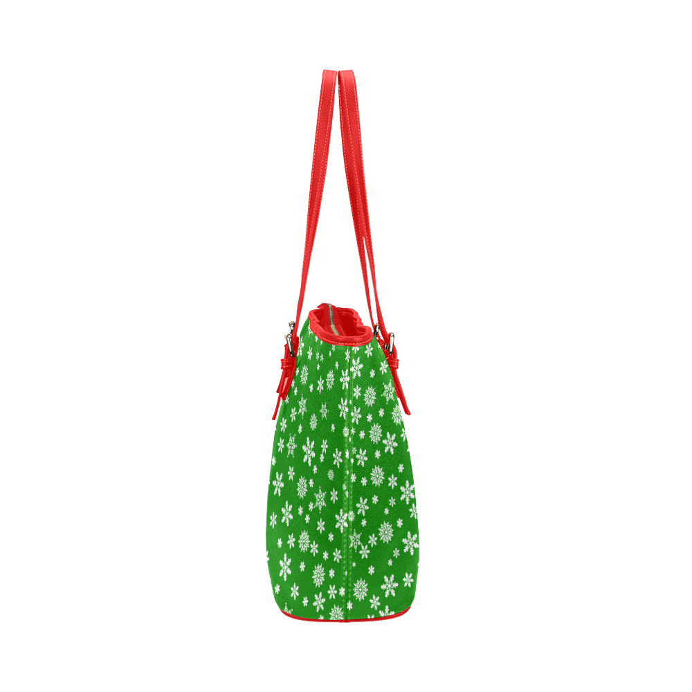 Christmas White Snowflakes on Green Leather Tote Bag/Small (Model 1651)