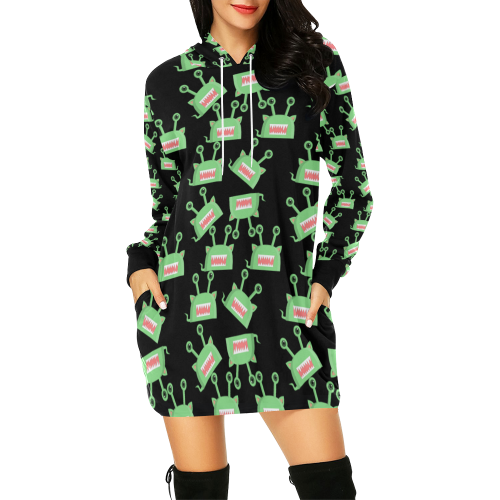 green alien monster pattern black All Over Print Hoodie Mini Dress (Model H27)
