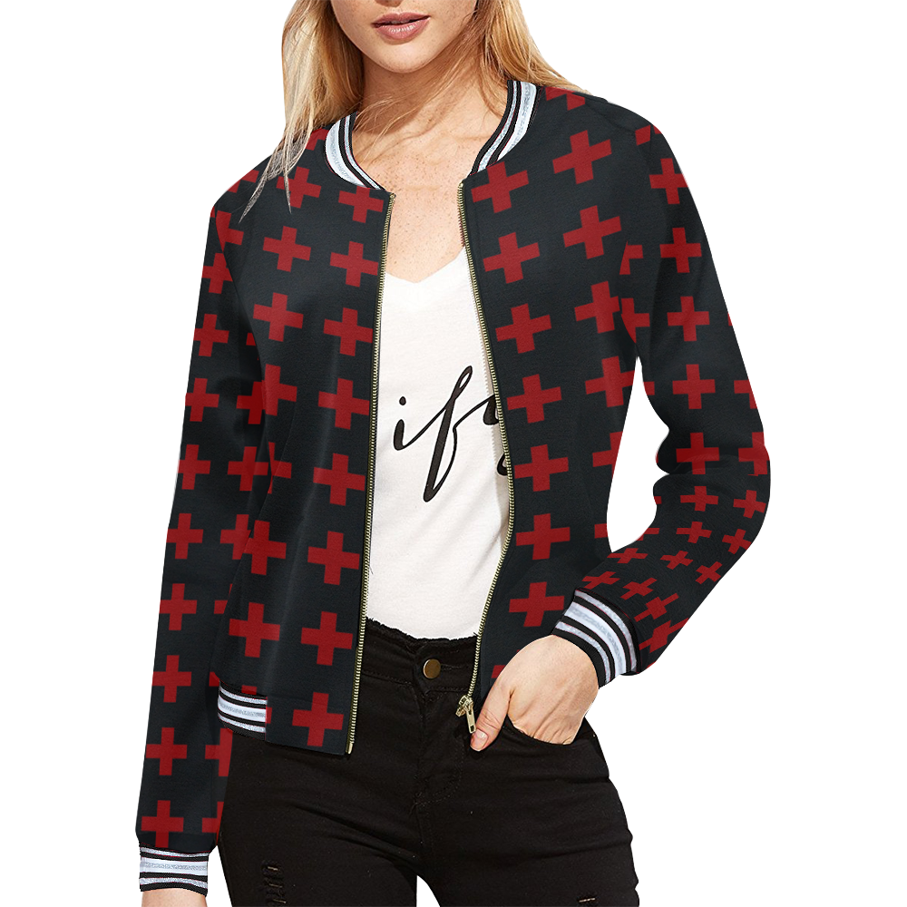 Punk Rock Style Red Crosses Pattern Design All Over Print Bomber Jacket for Women (Model H21)