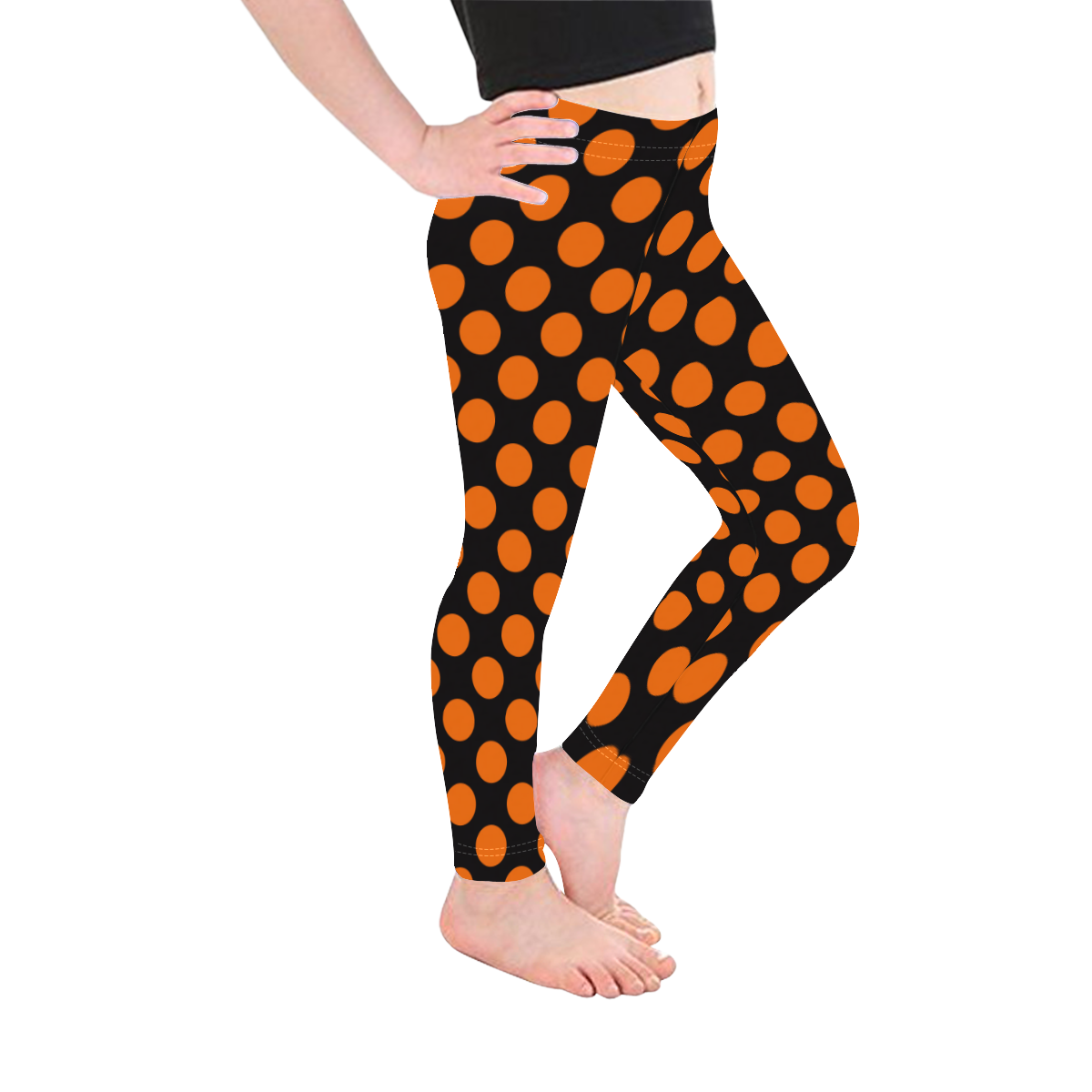Orange Polka Dots on Black Kid's Ankle Length Leggings (Model L06)