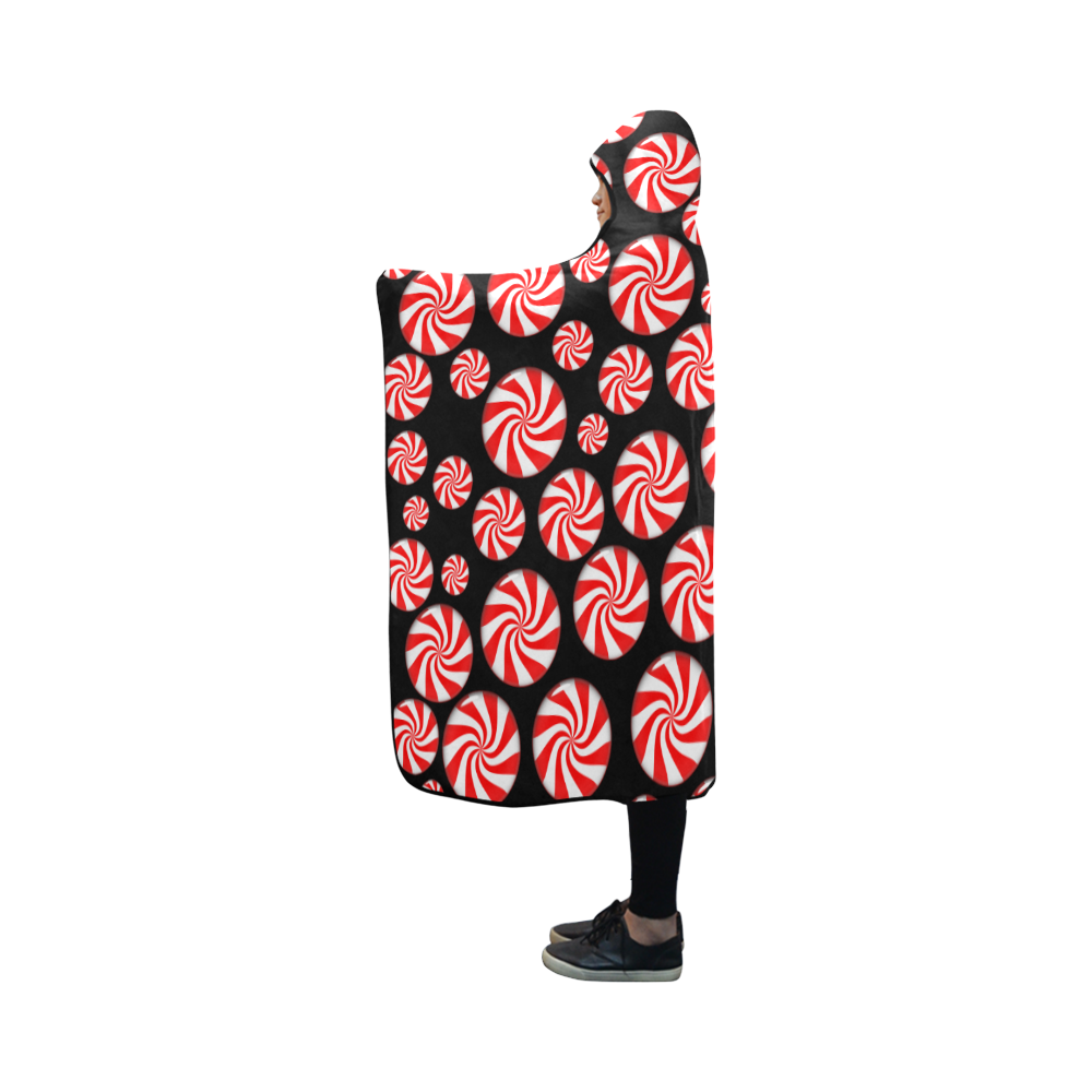 Christmas Peppermint Candy on Black Hooded Blanket 50''x40''