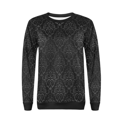 Elegant vintage floral damasks in  gray and black All Over Print Crewneck Sweatshirt for Women (Model H18)