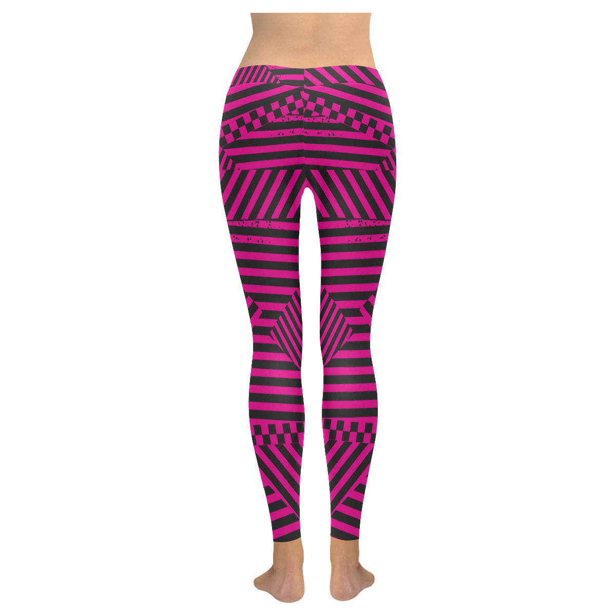 Hot Pink Black Stripes and Checkerboard Women's Low Rise Leggings (Invisible Stitch) (Model L05)