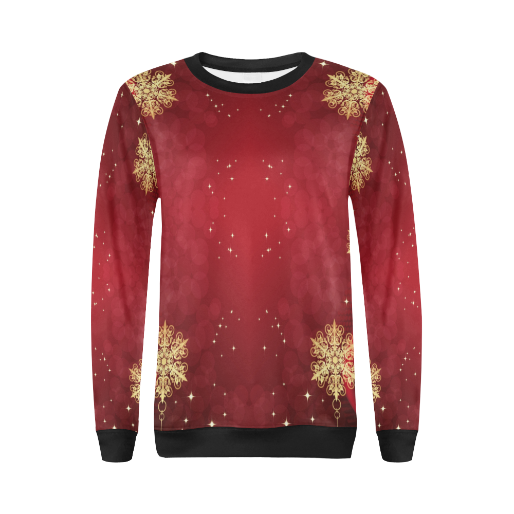 Golden Christmas Snowflake Ornaments on Red All Over Print Crewneck Sweatshirt for Women (Model H18)