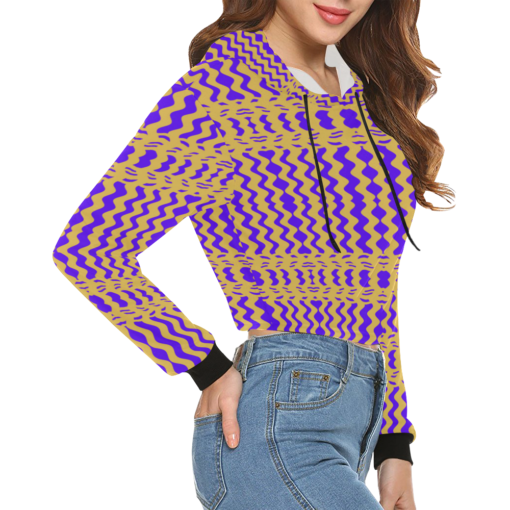Purple Yellow Modern  Waves Lines All Over Print Crop Hoodie for Women (Model H22)