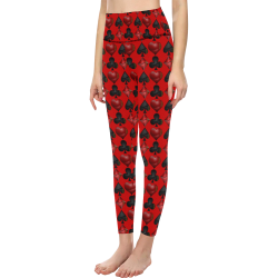 Las Vegas Black and Red Casino Poker Card Shapes on Red Women's All Over Print High-Waisted Leggings (Model L36)