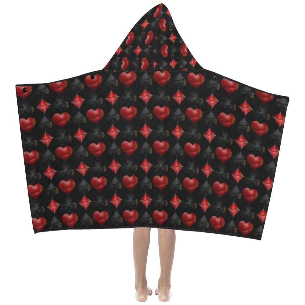 Las Vegas Black and Red Casino Poker Card Shapes on Black Kids' Hooded Bath Towels