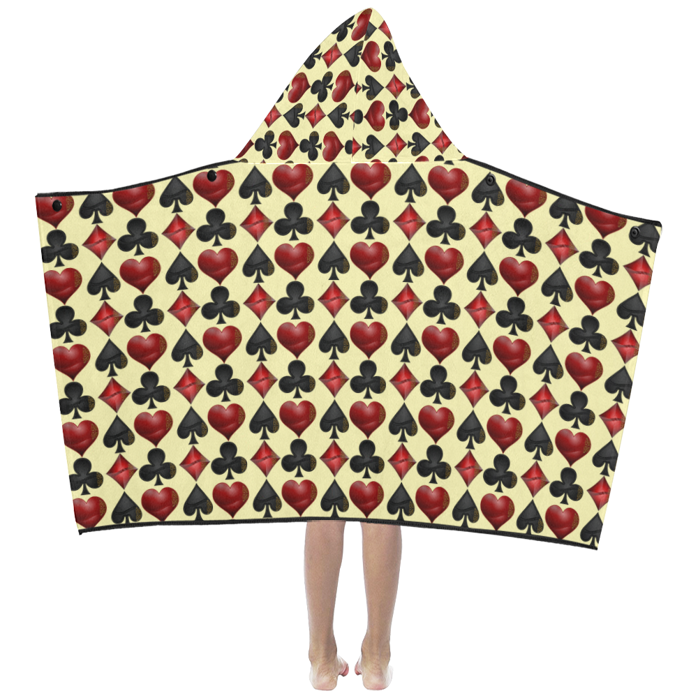 Las Vegas Black and Red Casino Poker Card Shapes on Yellow Kids' Hooded Bath Towels