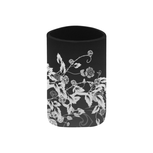 Flowers in black and white Neoprene Can Cooler 4" x 2.7" dia.