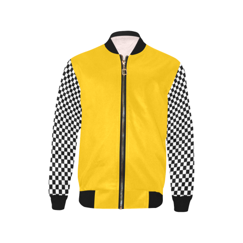 Checkerboard Black and White / Yellow Kids' All Over Print Bomber Jacket (Model H40)
