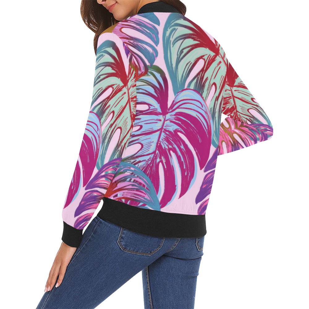 Pretty Leaves B by JamColors All Over Print Bomber Jacket for Women (Model H19)