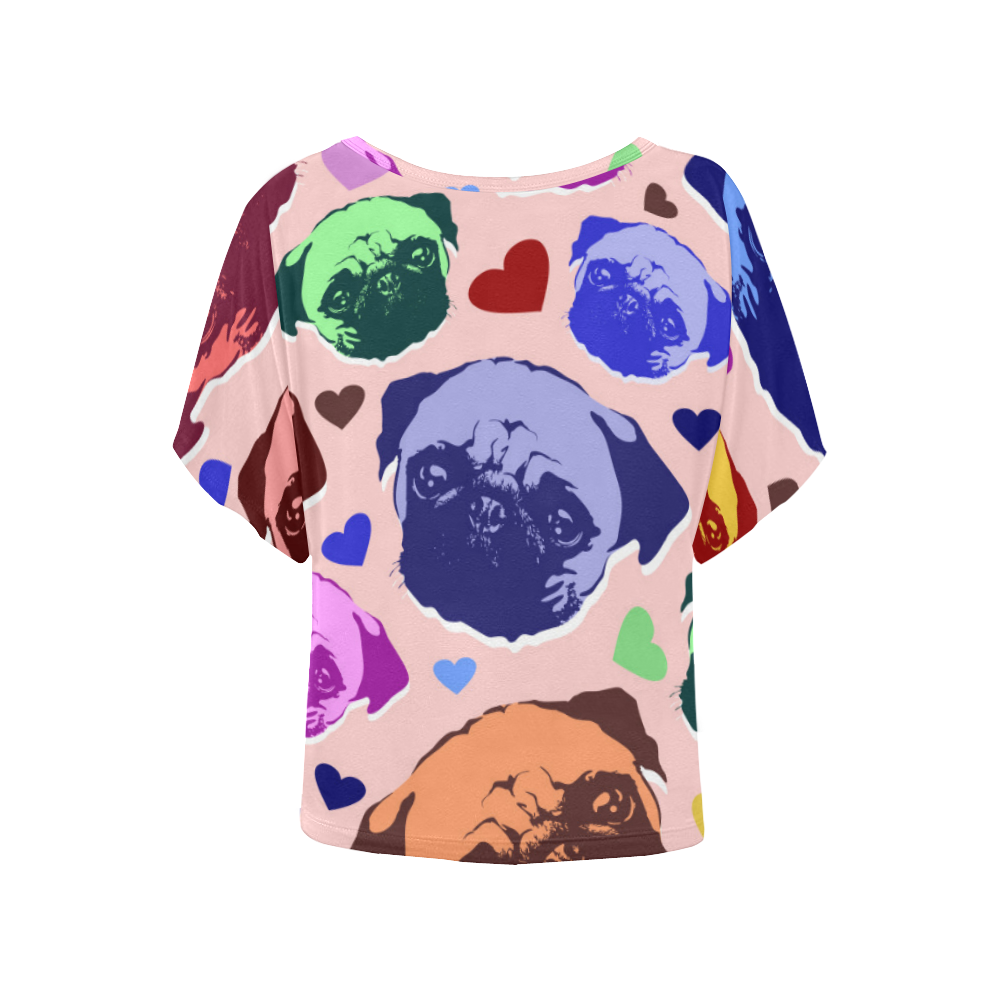 Pug Puppy Dog Love Hearts Women's Batwing-Sleeved Blouse T shirt (Model T44)