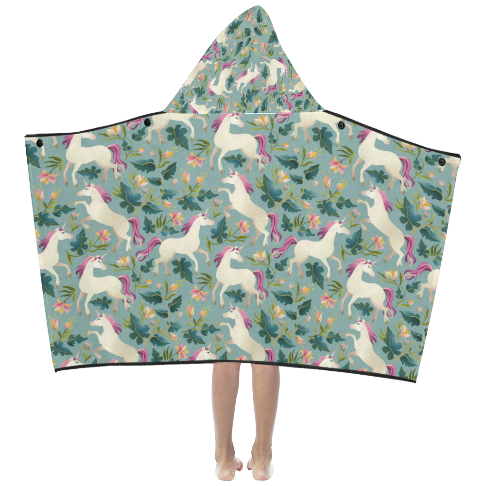 Floral Unicorn Pattern Kids' Hooded Bath Towels