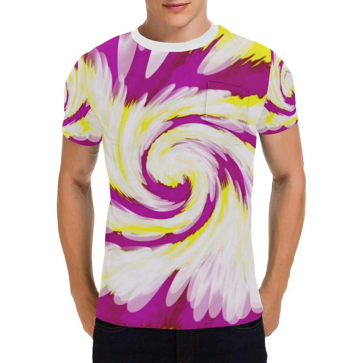 Pink Yellow Tie Dye Swirl Abstract Men's All Over Print T-Shirt with Chest Pocket (Model T56)