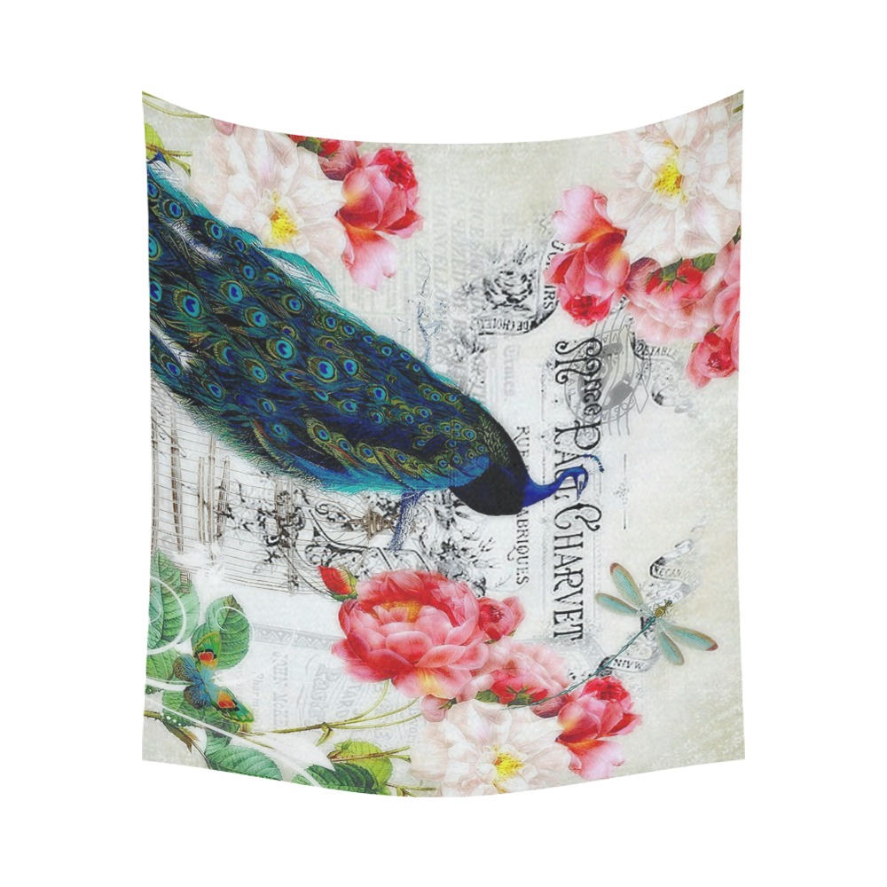 peacock and roses Cotton Linen Wall Tapestry 60"x 51"