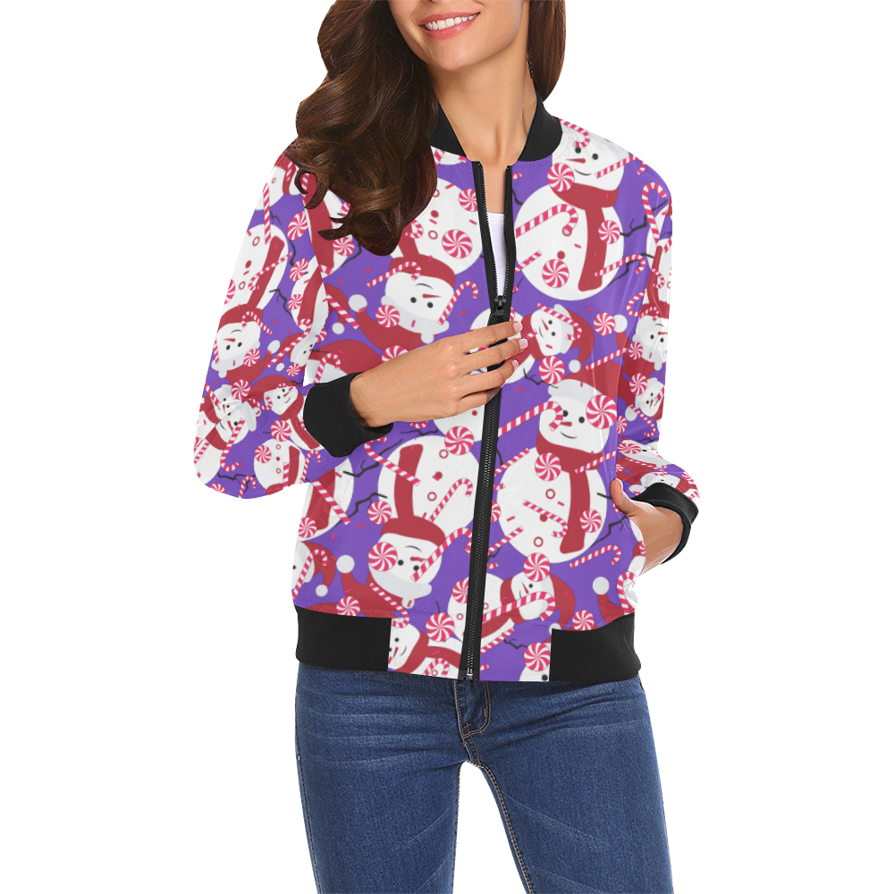 Candy Cane Santa Christmas Party PURPLE All Over Print Bomber Jacket for Women (Model H19)