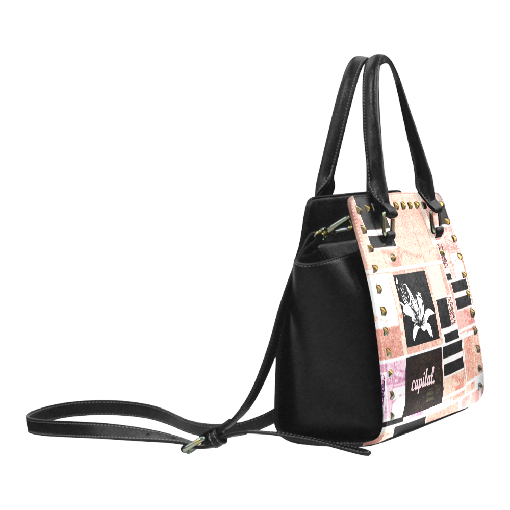 Pink Flower Power HandBag Rivet Shoulder Handbag (Model 1645)