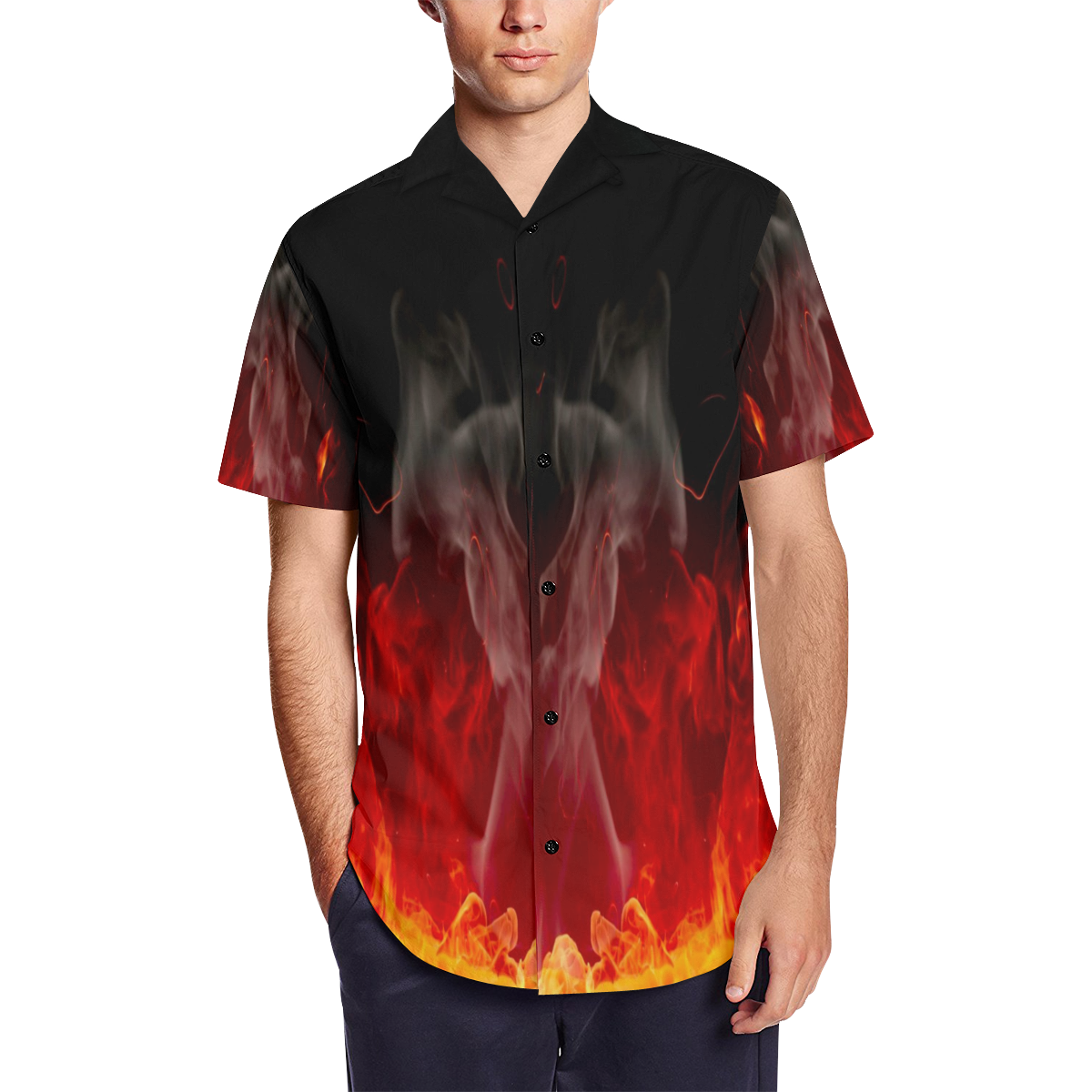 Gothic Goetic Flame Occult Underground Satin Dress Shirt Men's Short Sleeve Shirt with Lapel Collar (Model T54)