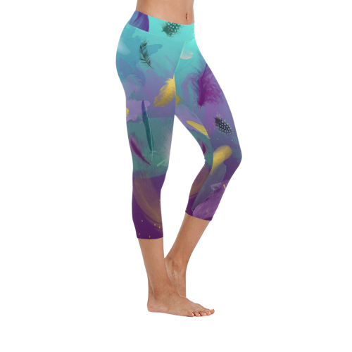 Dancing Feathers - Turquoise and Purple Women's Low Rise Capri Leggings (Invisible Stitch) (Model L08)
