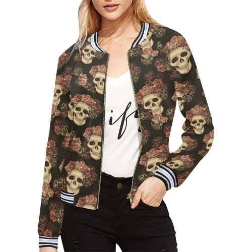 Skull and Rose Pattern All Over Print Bomber Jacket for Women (Model H21)