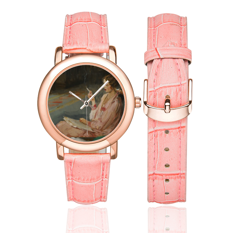 LADY WITH BOOK Women's Rose Gold Leather Strap Watch(Model 201)