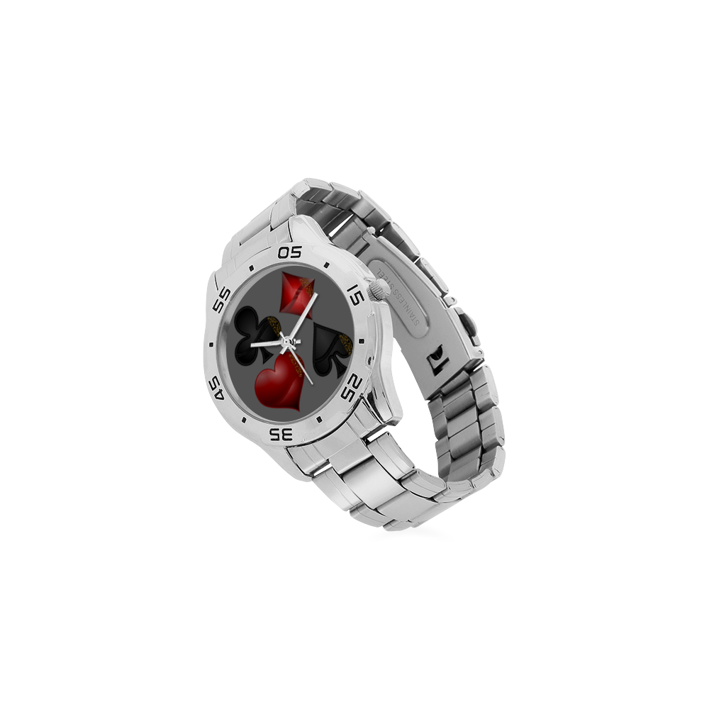 Las Vegas Black and Red Casino Poker Card Shapes Men's Stainless Steel Analog Watch(Model 108)