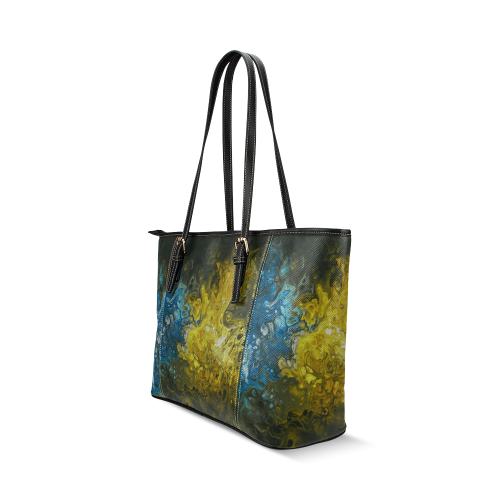 Alien Swirl Yellow Blue Tote-Handbag. Leather Tote Bag/Large (Model 1640)