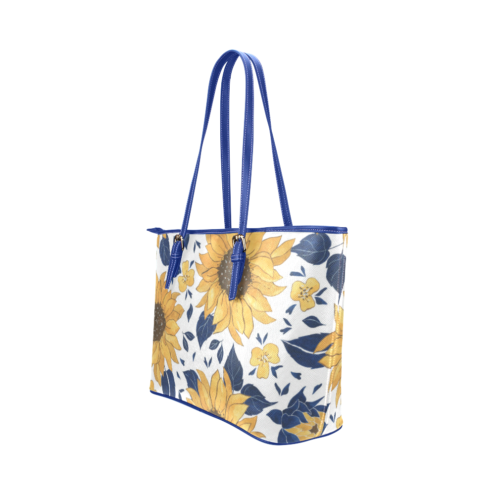 Sunflowers Tote With Blue Handle Leather Tote Bag/Small (Model 1651)