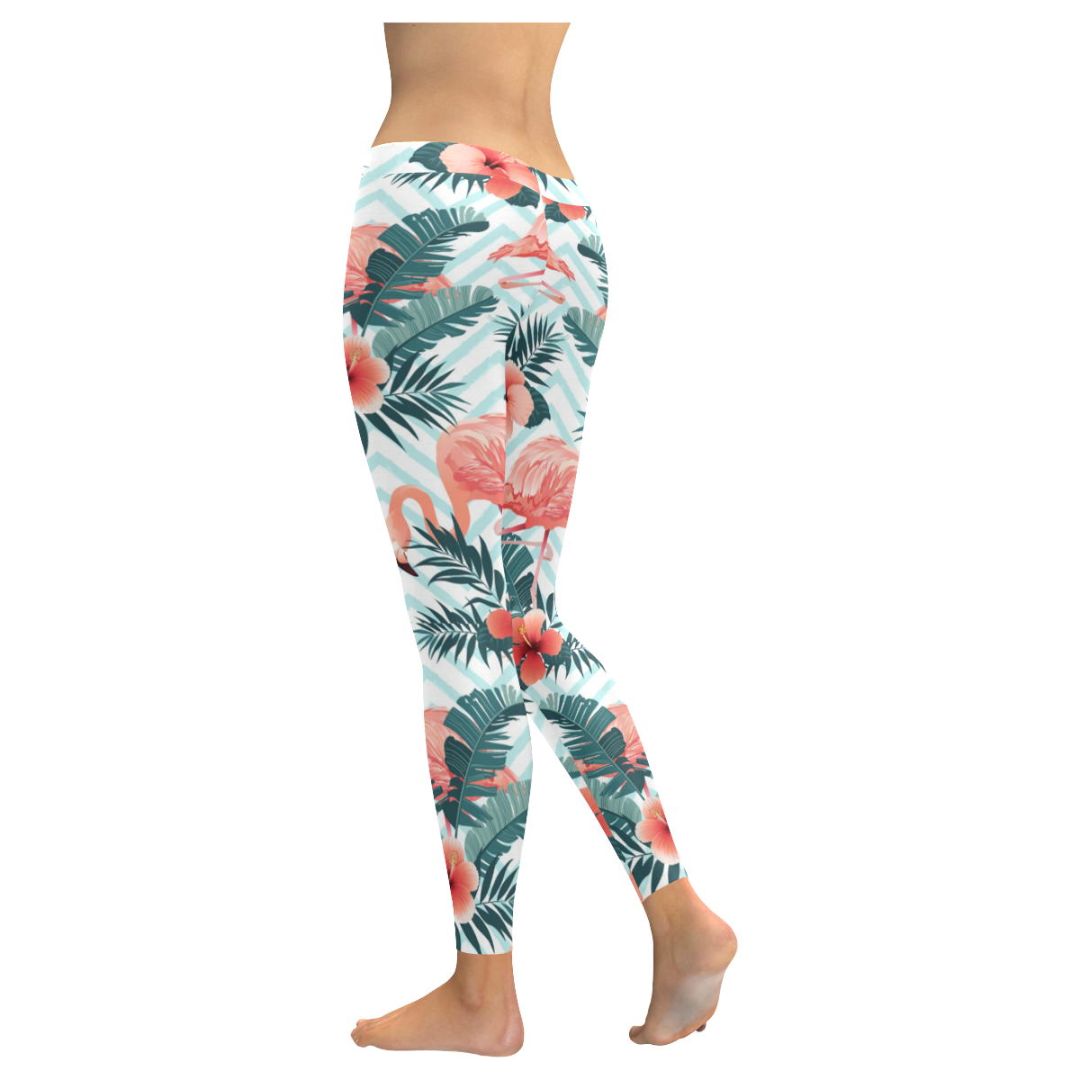 Beautiful Flamingo Birds and Tropical Flowers Women's Low Rise Leggings (Invisible Stitch) (Model L05)