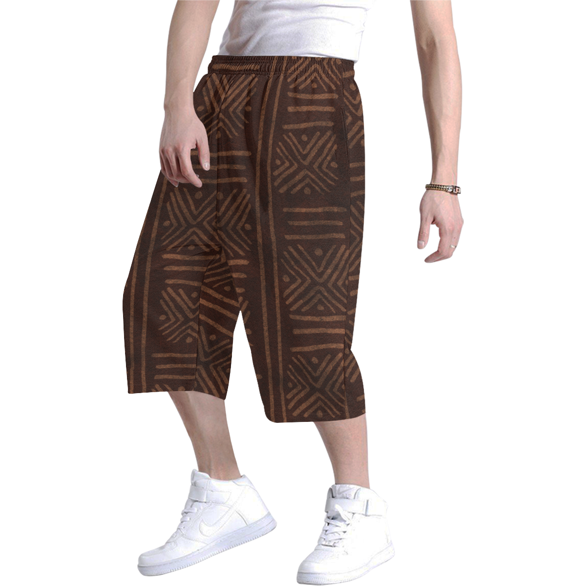 African Inspired Brown Tribal Men's Over Sized Below Calf Shorts or Swim Trunks Men's All Over Print Baggy Shorts (Model L37)
