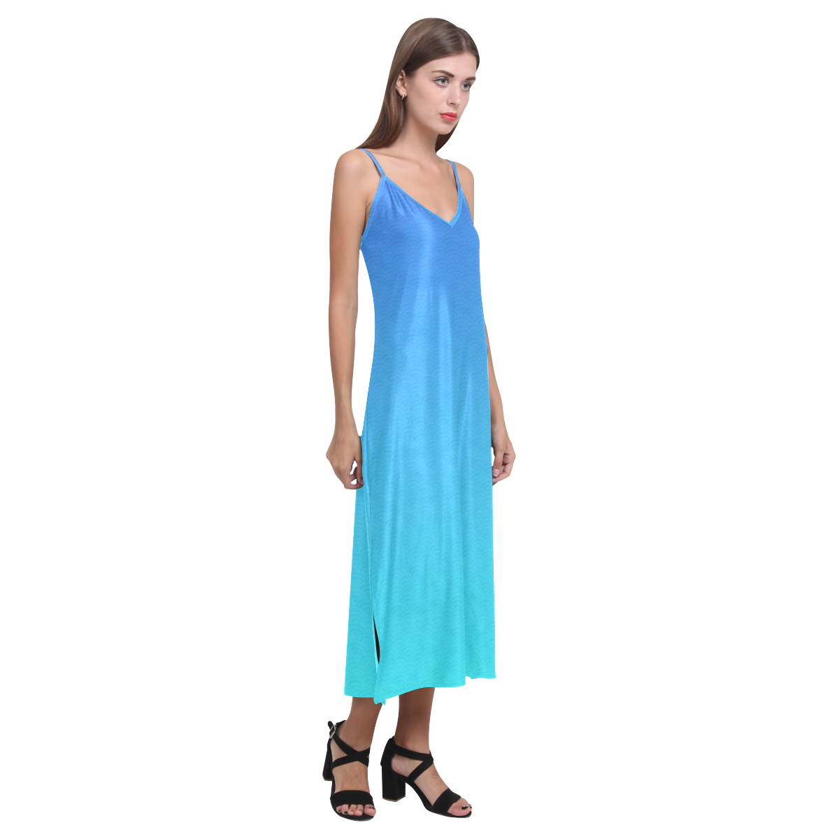 Japanese Blue Waves V-Neck Open Fork Long Dress(Model D18)