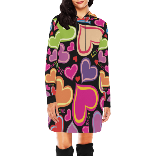 Cute Hearts LOVE BLACK All Over Print Hoodie Mini Dress (Model H27)