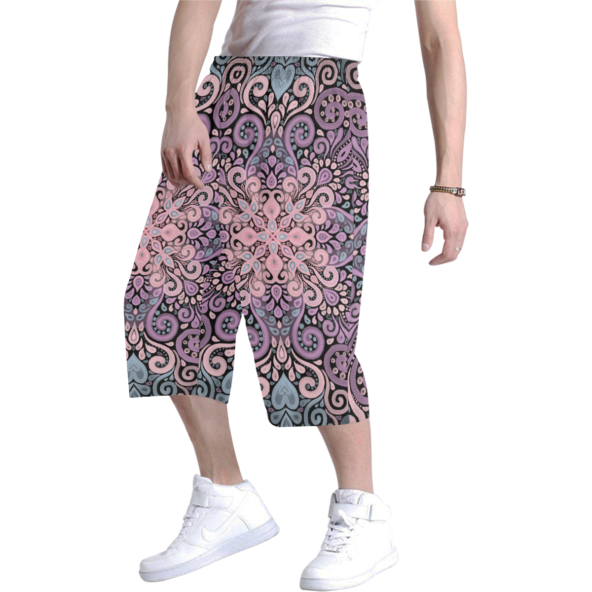 Pink, purple blue, Boho Ornate Watercolor Mandala Men's All Over Print Baggy Shorts (Model L37)