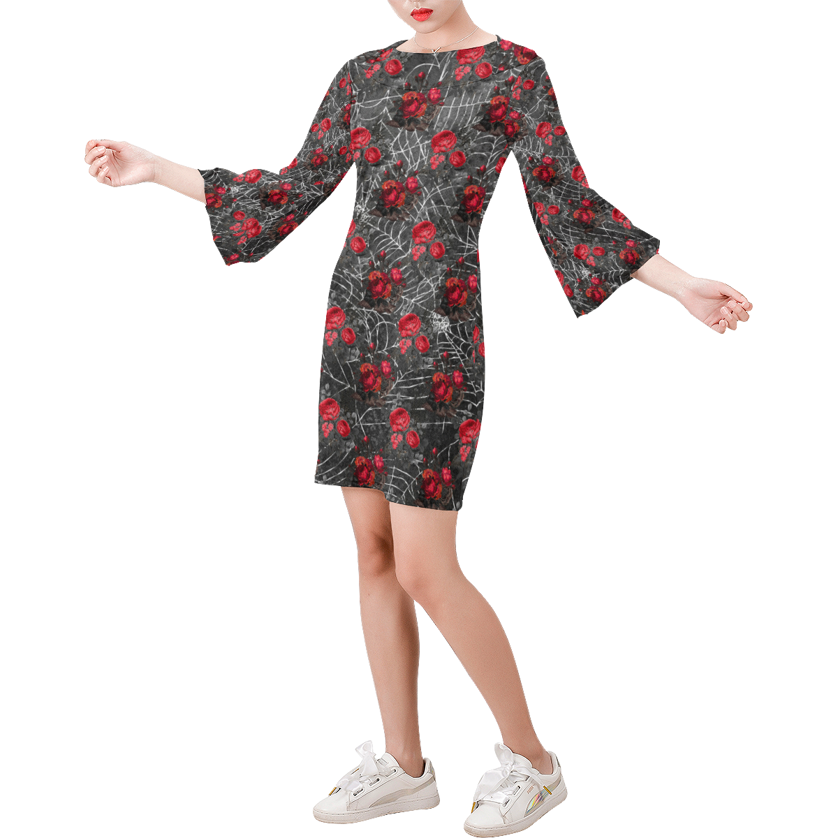 Gothic Roses and Spiderweb Bell Sleeve Dress (Model D52)