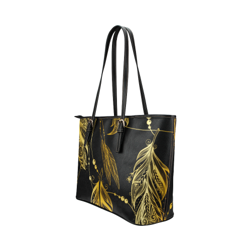 Gold Feathers Leather Tote Bag/Small (Model 1651)