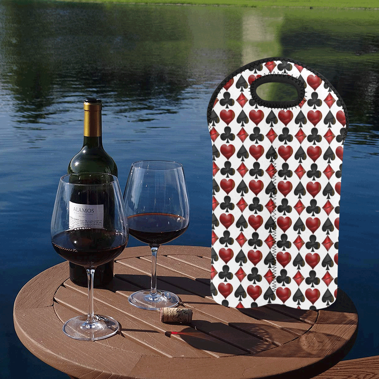 Las Vegas Black and Red Casino Poker Card Shapes on White 2-Bottle Neoprene Wine Bag