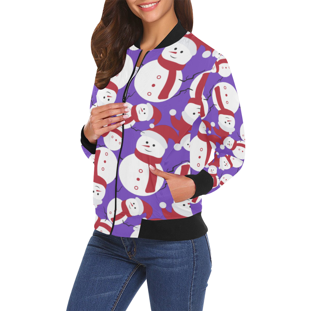 Snowman CHRISTMAS Pattern PURPLE All Over Print Bomber Jacket for Women (Model H19)