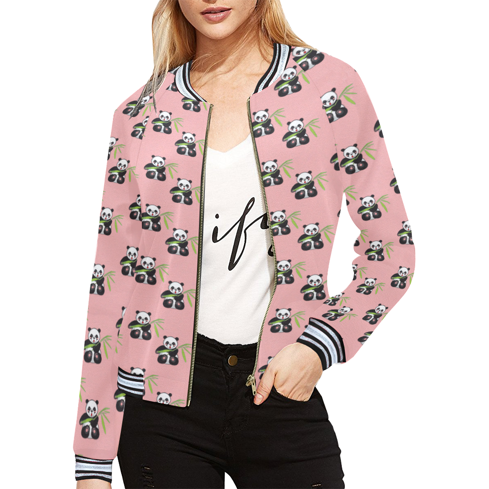 panda with bamboo pink All Over Print Bomber Jacket for Women (Model H21)