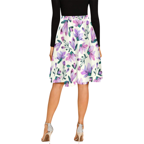 Lovely Watercolored Springflowers Melete Pleated Midi Skirt (Model D15)