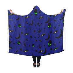 Alien Flying Saucers Stars Pattern on Blue Hooded Blanket 60''x50''