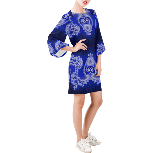 Blue and White Hearts  Lace Fractal Abstract Bell Sleeve Dress (Model D52)
