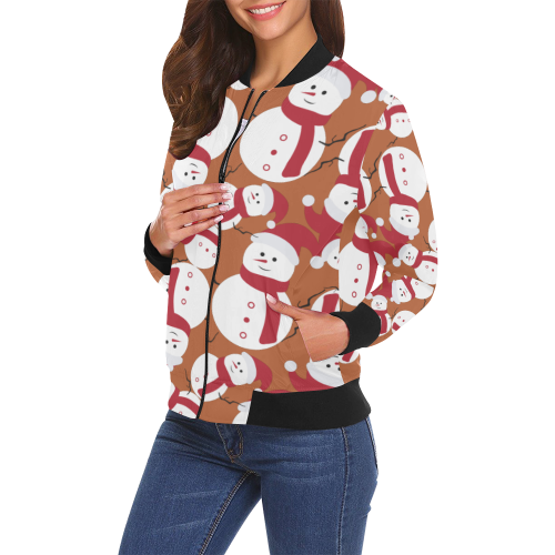 Snowman CHRISTMAS Pattern BROWN All Over Print Bomber Jacket for Women (Model H19)