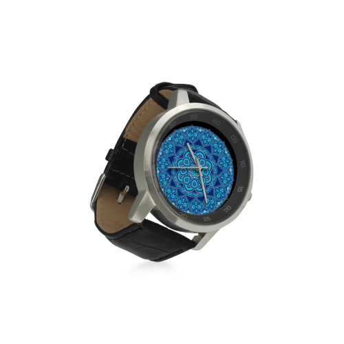 mandala azul chakra visudda:ayuda aclarar los sentimientos facilita la comunicación, Unisex Stainless Steel Leather Strap Watch(Model 202)