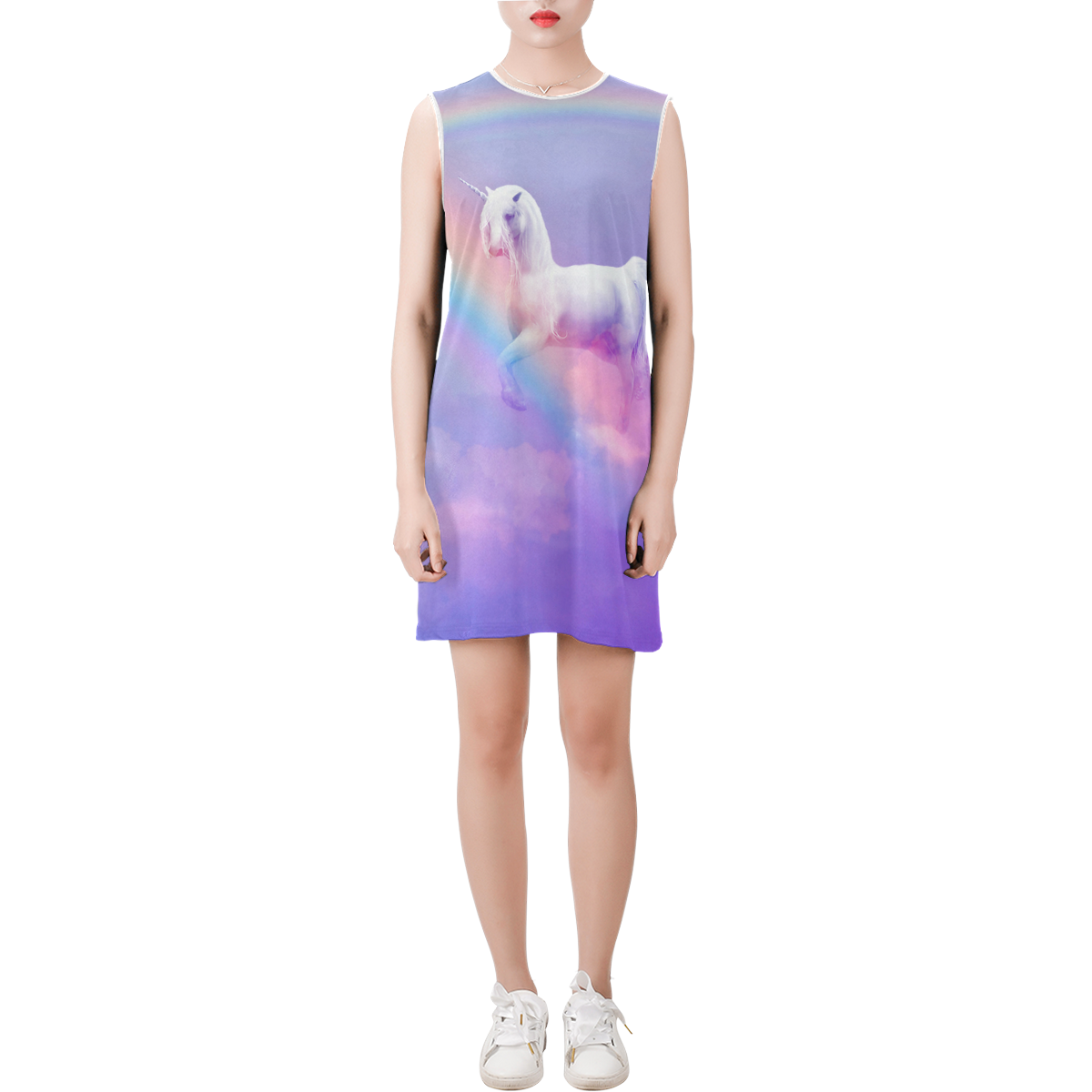 Unicorn and Rainbow Sleeveless Round Neck Shift Dress (Model D51)