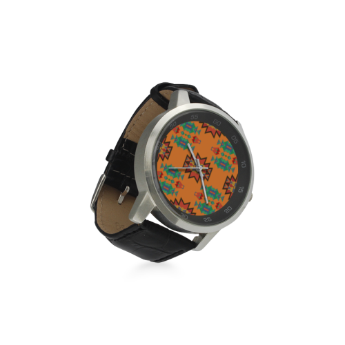 Misc shapes on an orange background Unisex Stainless Steel Leather Strap Watch(Model 202)